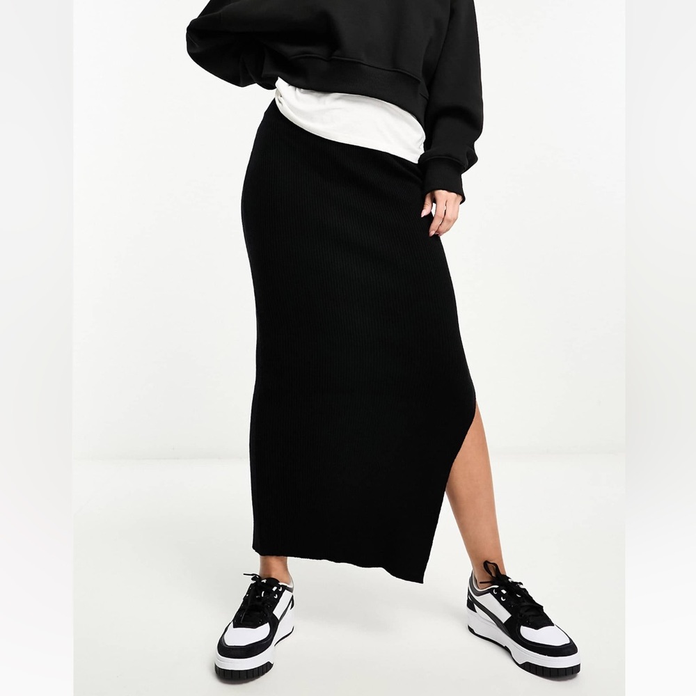 Miss Selfridge Rib Knit Black Midi Maxi Skirt with side slit NWT Size 14